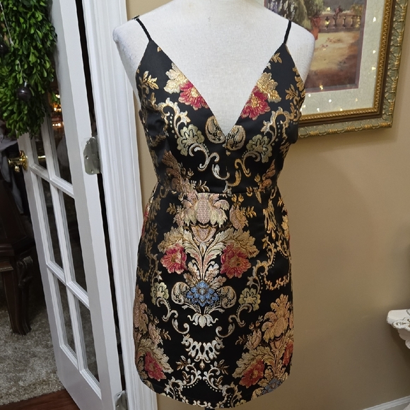 fab'rik Dresses & Skirts - fab'rik Black Metallic Gold W/Rose Blue Embroidered Mini Dress Spaghetti Strap M